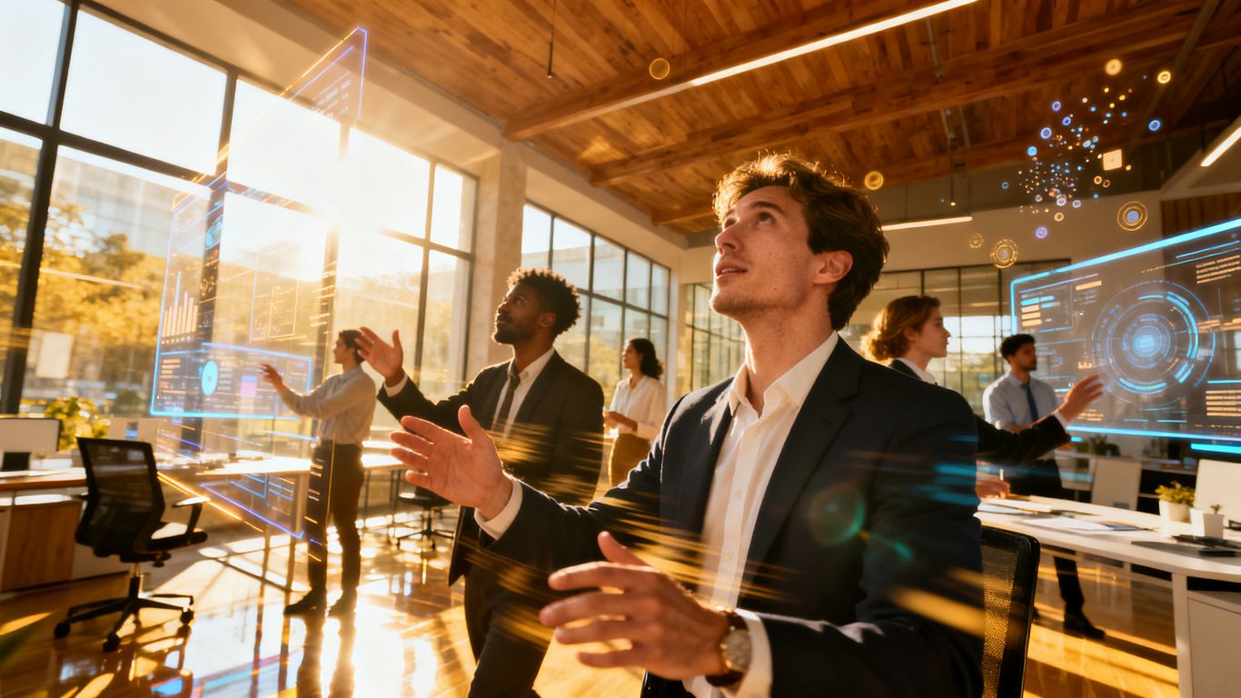 Digital marketing professionals collaborating in a bright office.