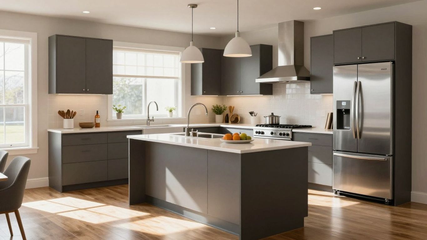 Remodeled kitchen with modern cabinets and island.