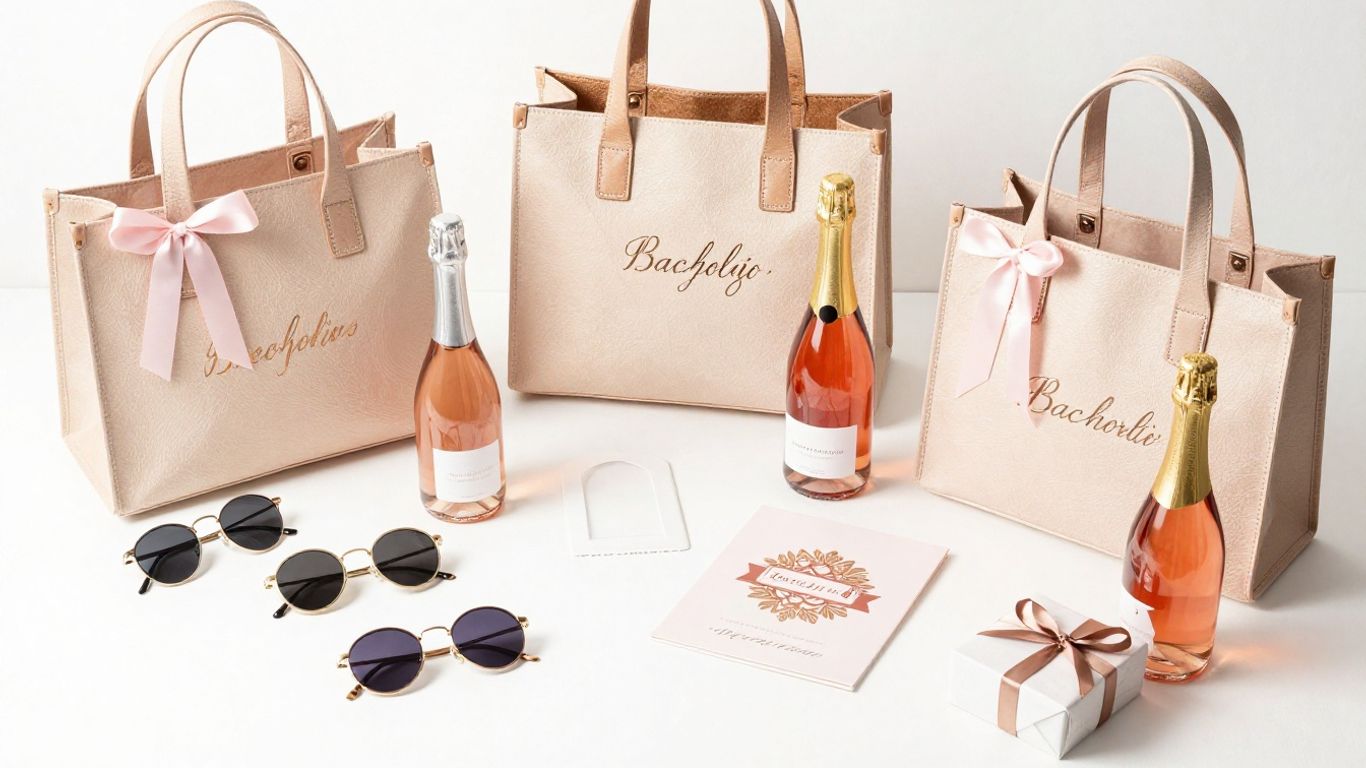 Sacs d'enterrement de vie de jeune fille chics remplis d'essentiels pour la fête.