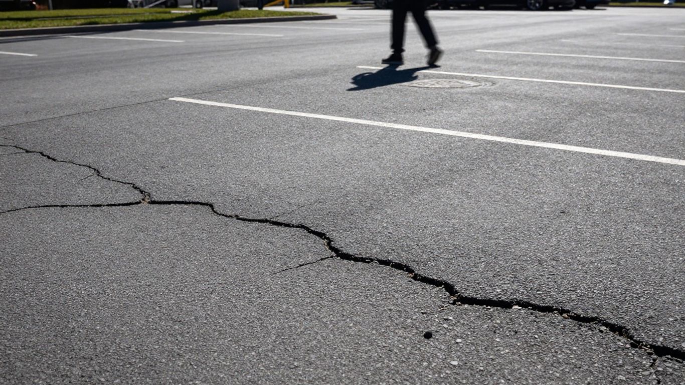 Cracked parking lot pavement with a blurred figure.
