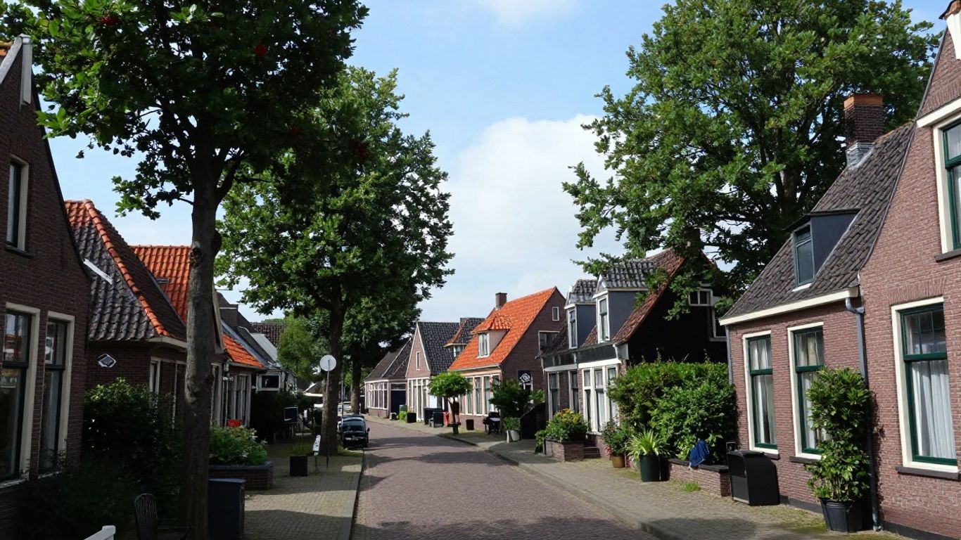 Dorpsgezicht van Nieuw-Dordrecht met huizen en bomen.