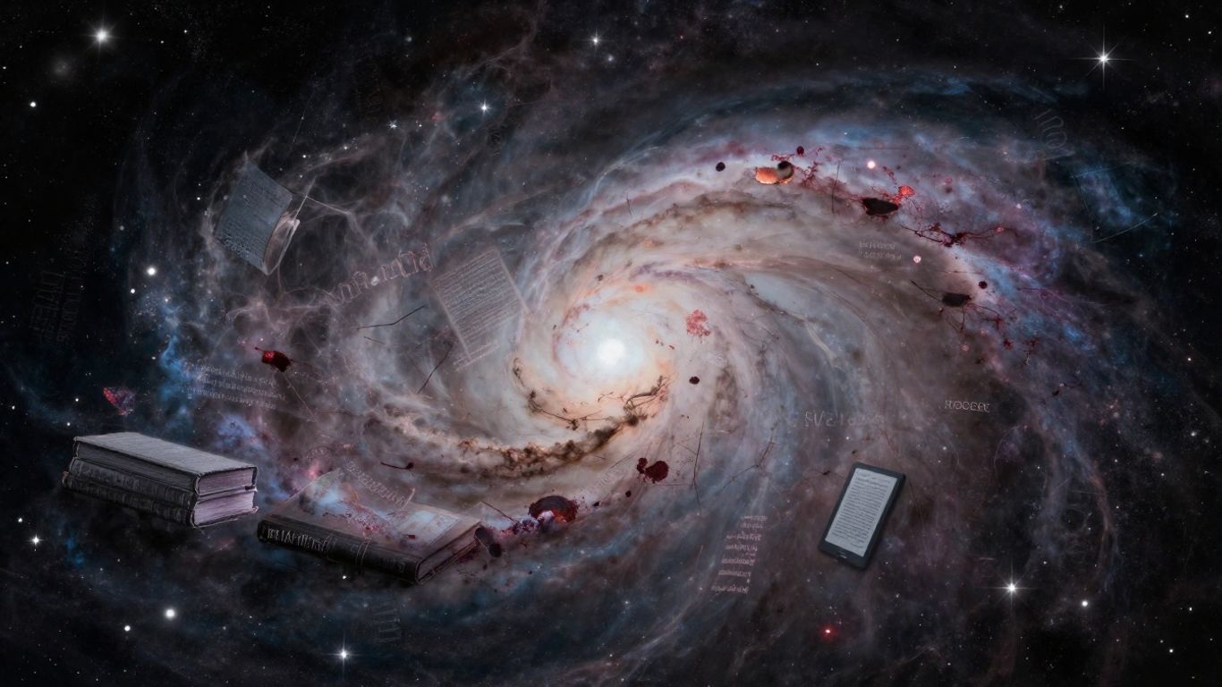Cosmic nebula with book and e-reader elements.