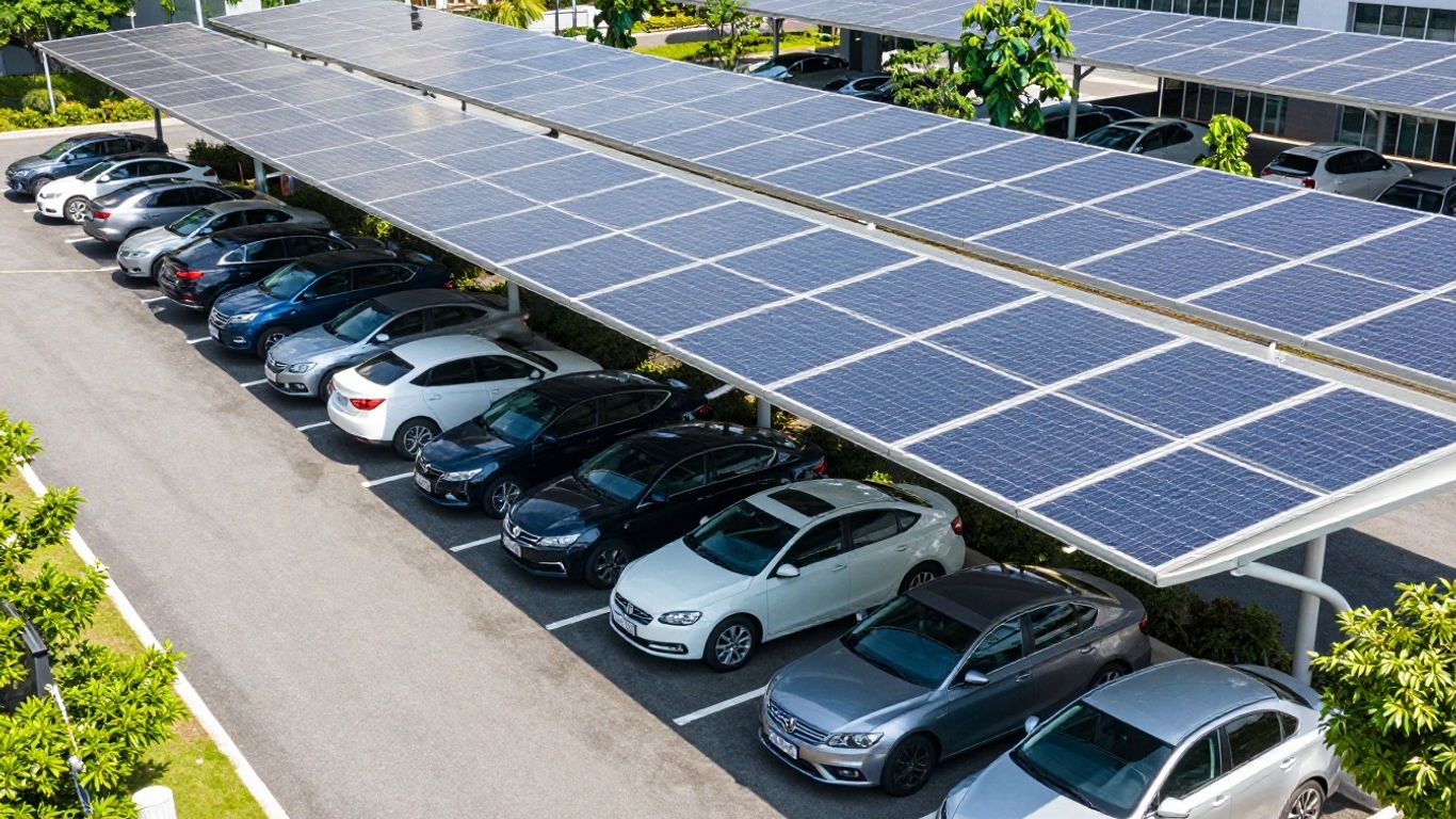 Solar canopies on a modern car park.