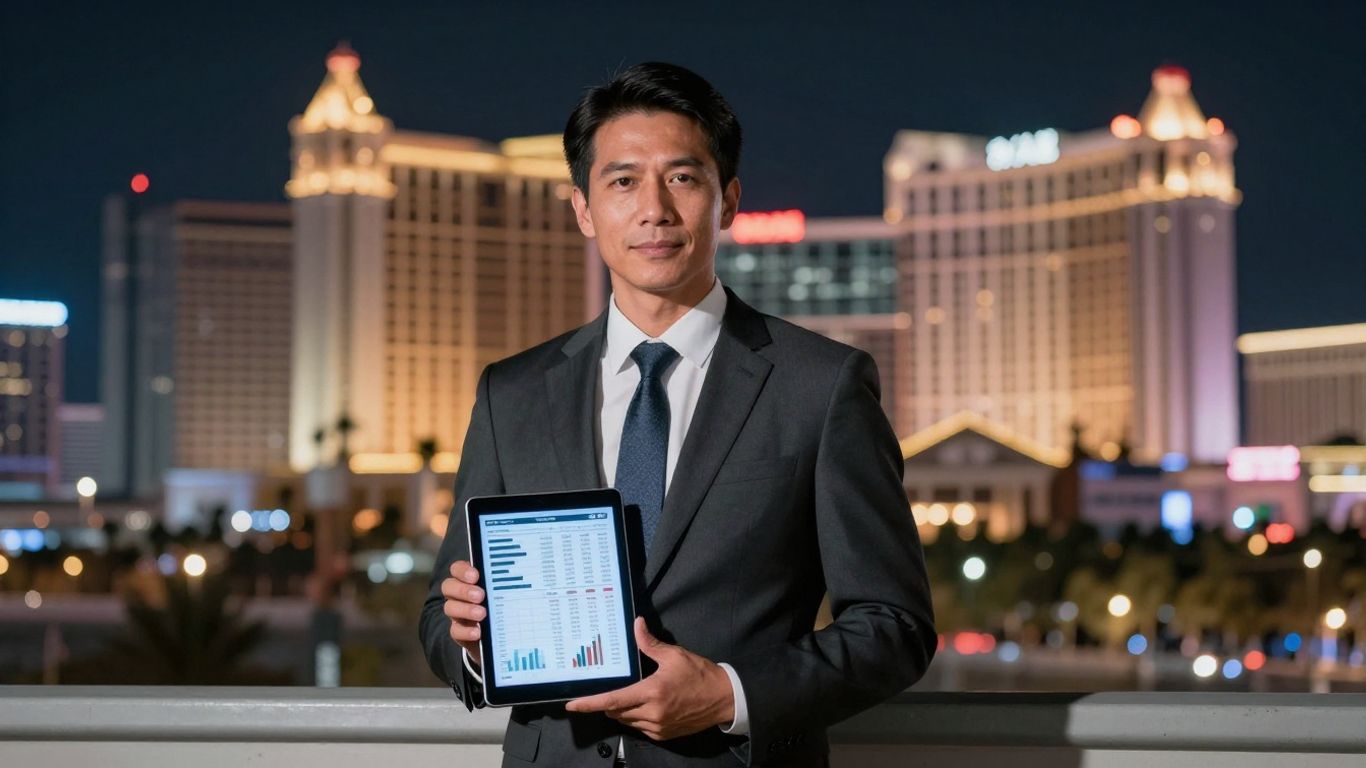 Finance analyst in Las Vegas with city skyline.