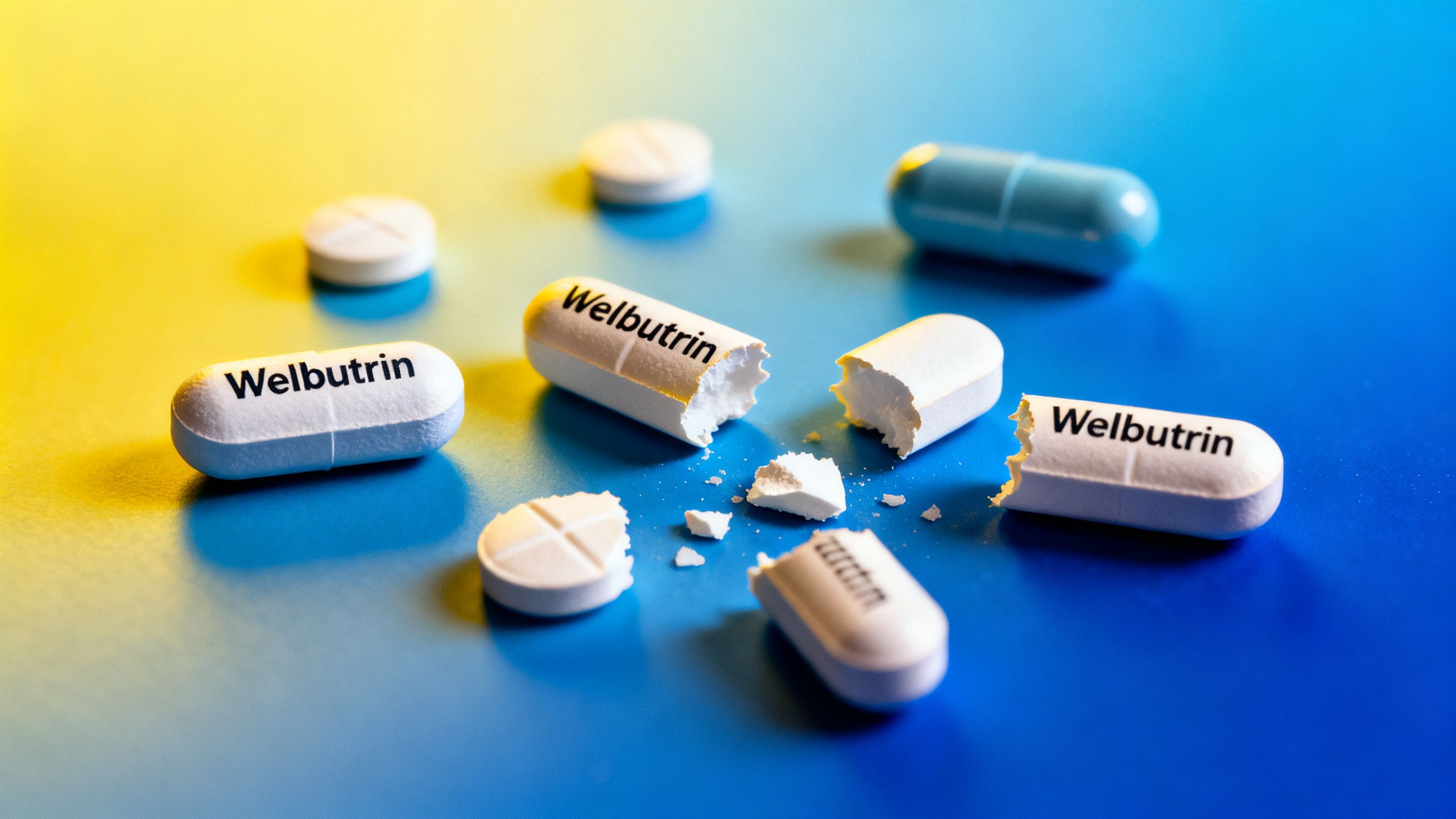 Several Welbutrin pills, some broken, scattered on a blue and yellow surface.