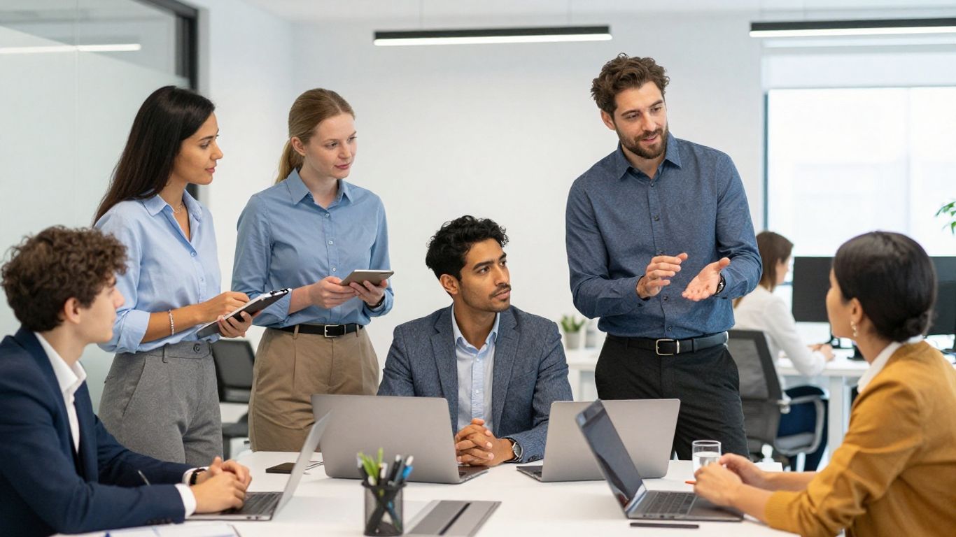 Mitarbeiter im Büro bei der Zusammenarbeit mit Laptops.