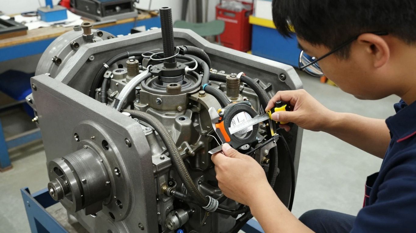Technician measuring engine for installation