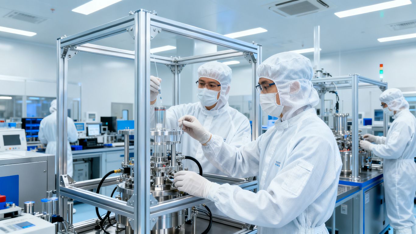 AI researchers in a clean room laboratory