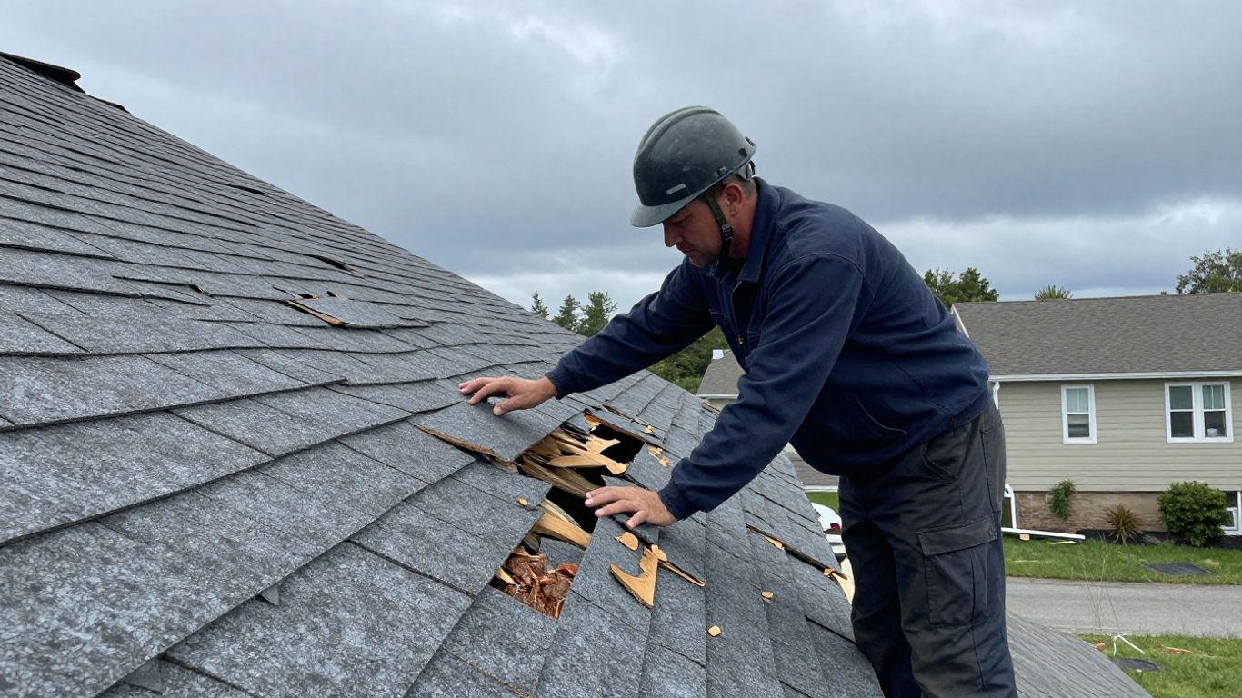 Contractor inspecting storm-damaged roof after severe weather.
