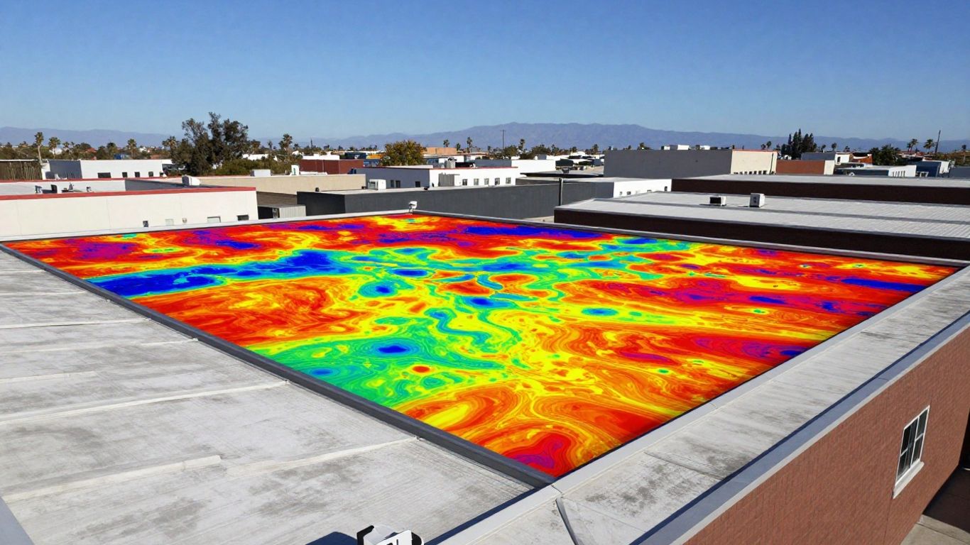 Thermal imaging camera inspecting commercial rooftop.