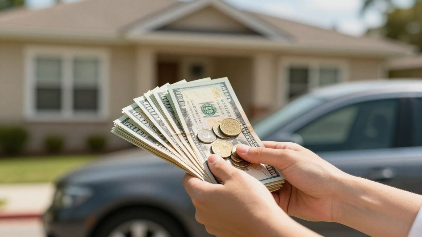 Person holding cash, home, and car in background.
