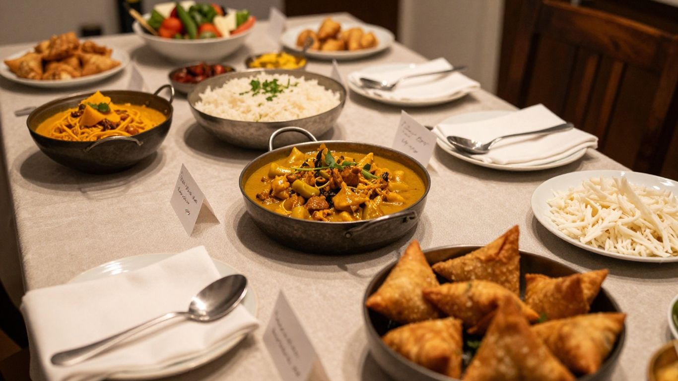 Indian dishes labelled for a cricket gathering