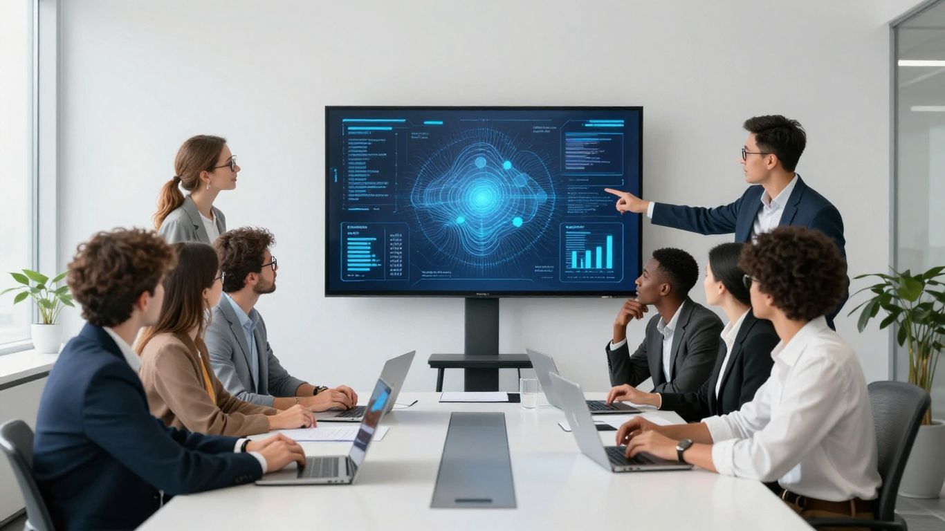 Menschen diskutieren in einem modernen Büro über neue Technologien.