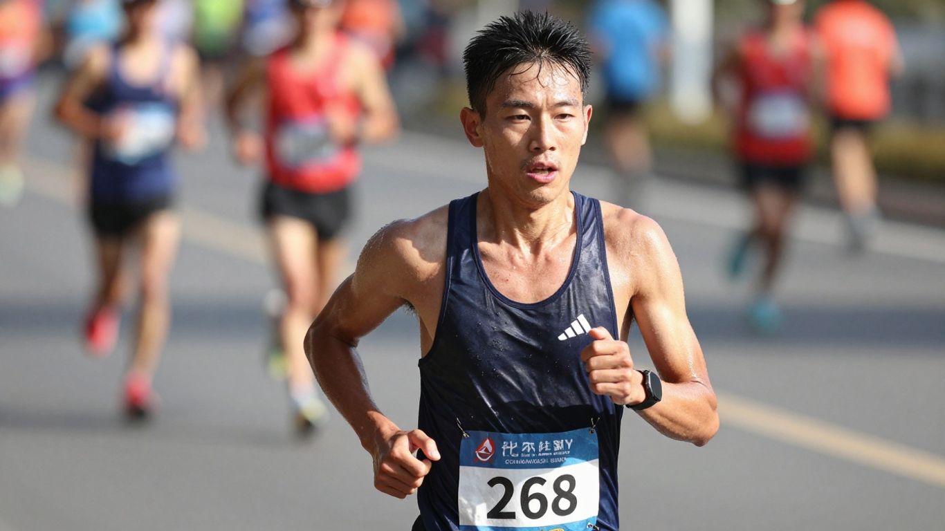 Runner pushing hard during a marathon race.