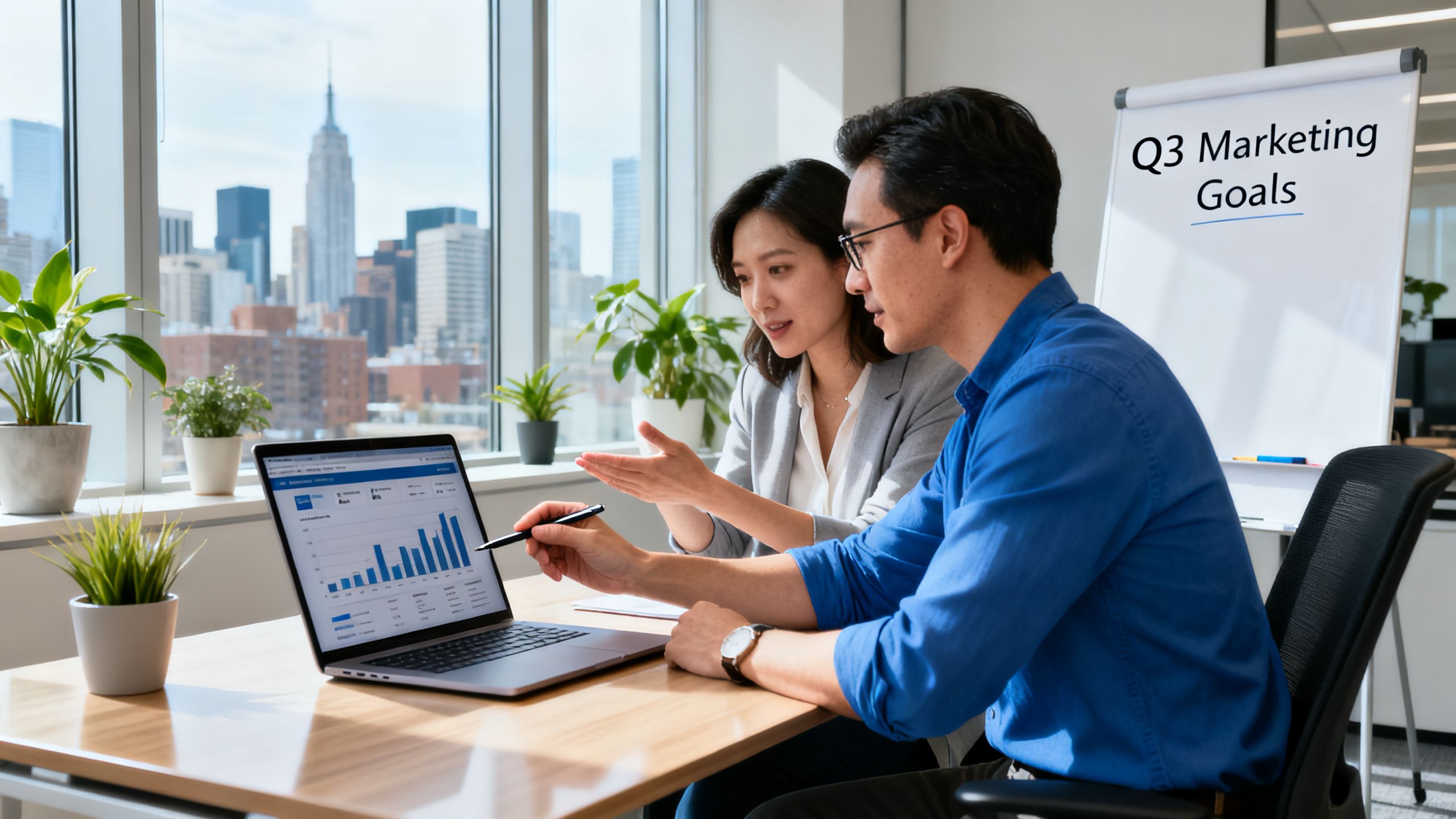 Toronto small business owner reviewing website analytics data with marketing strategist in a bright, modern office