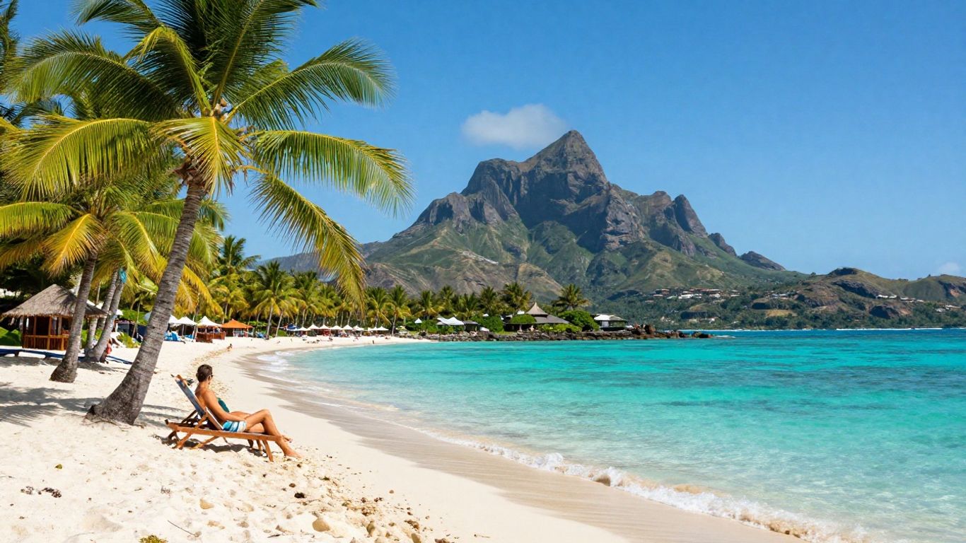 Couple relaxing on a tropical beach with mountains.
