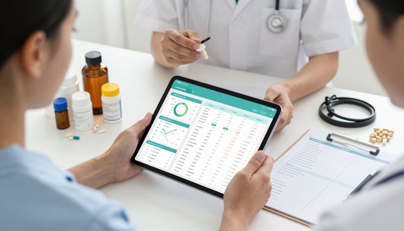 Bright modern health-tech scene showing a diverse adult reviewing organized lab trends and symptom data on a tablet beside supplements, fitness gear, and a neatly arranged wellness routine; realistic, professional, no text or logos.