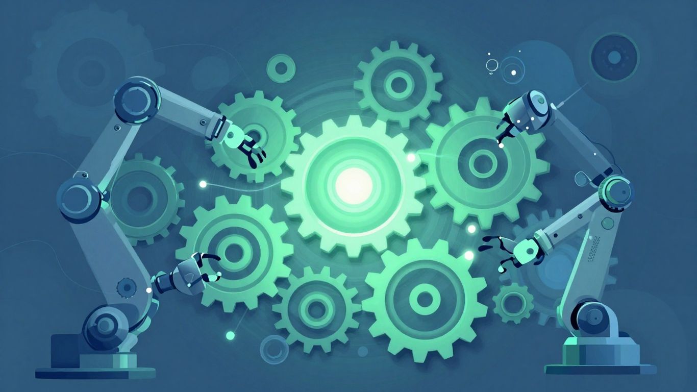 Automated workflow with gears and robotic arms.