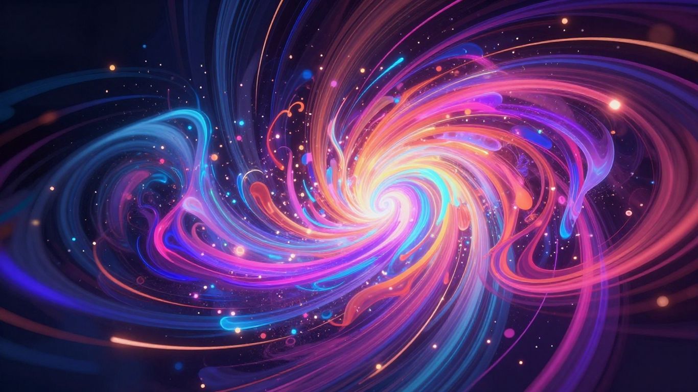 Abstract digital art with swirling colors and light trails.