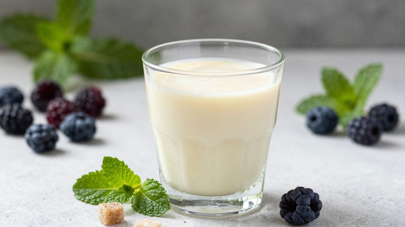 Herbalife shake with fresh fruit and sugar cubes.