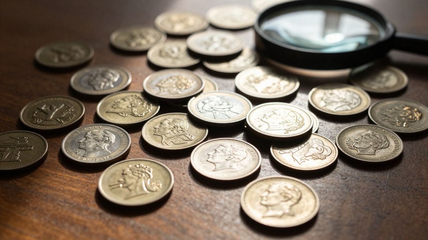 Collection of coins with a magnifying glass on a table.