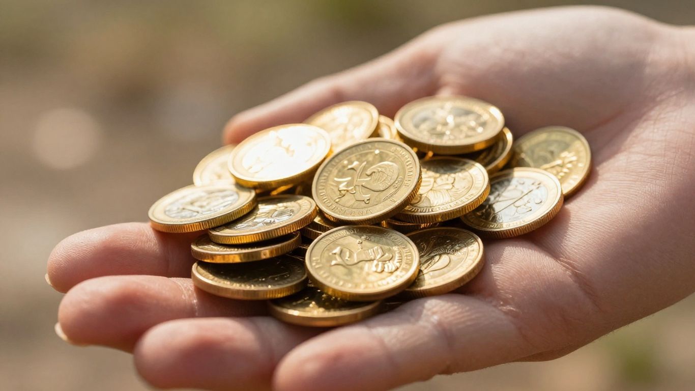 Main d'or tenant des pièces d'or brillantes.