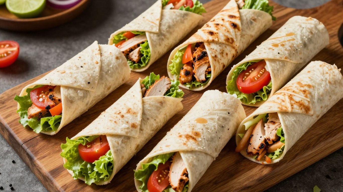 Colorful lunch wraps, rolls, and pinwheels on a wooden board.