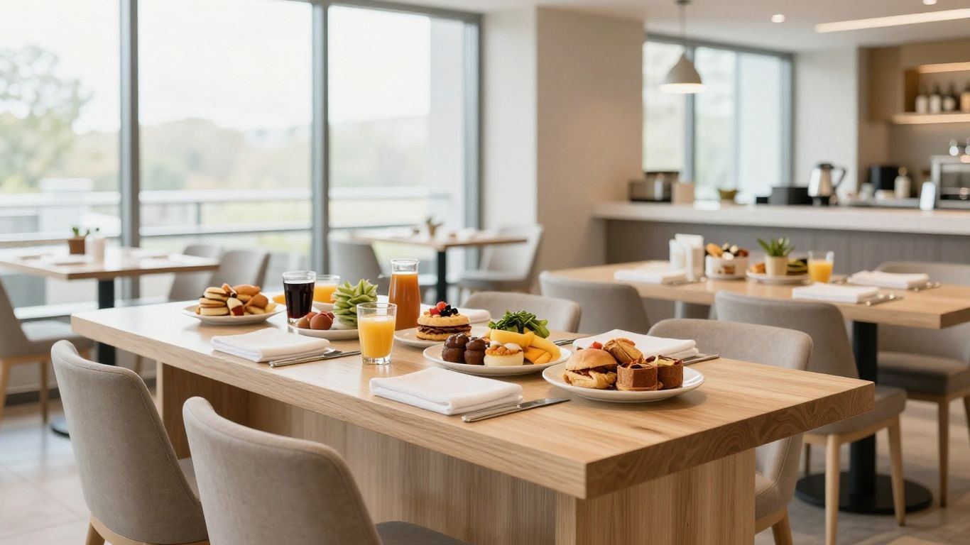 A bright dining area inside a modern hotel