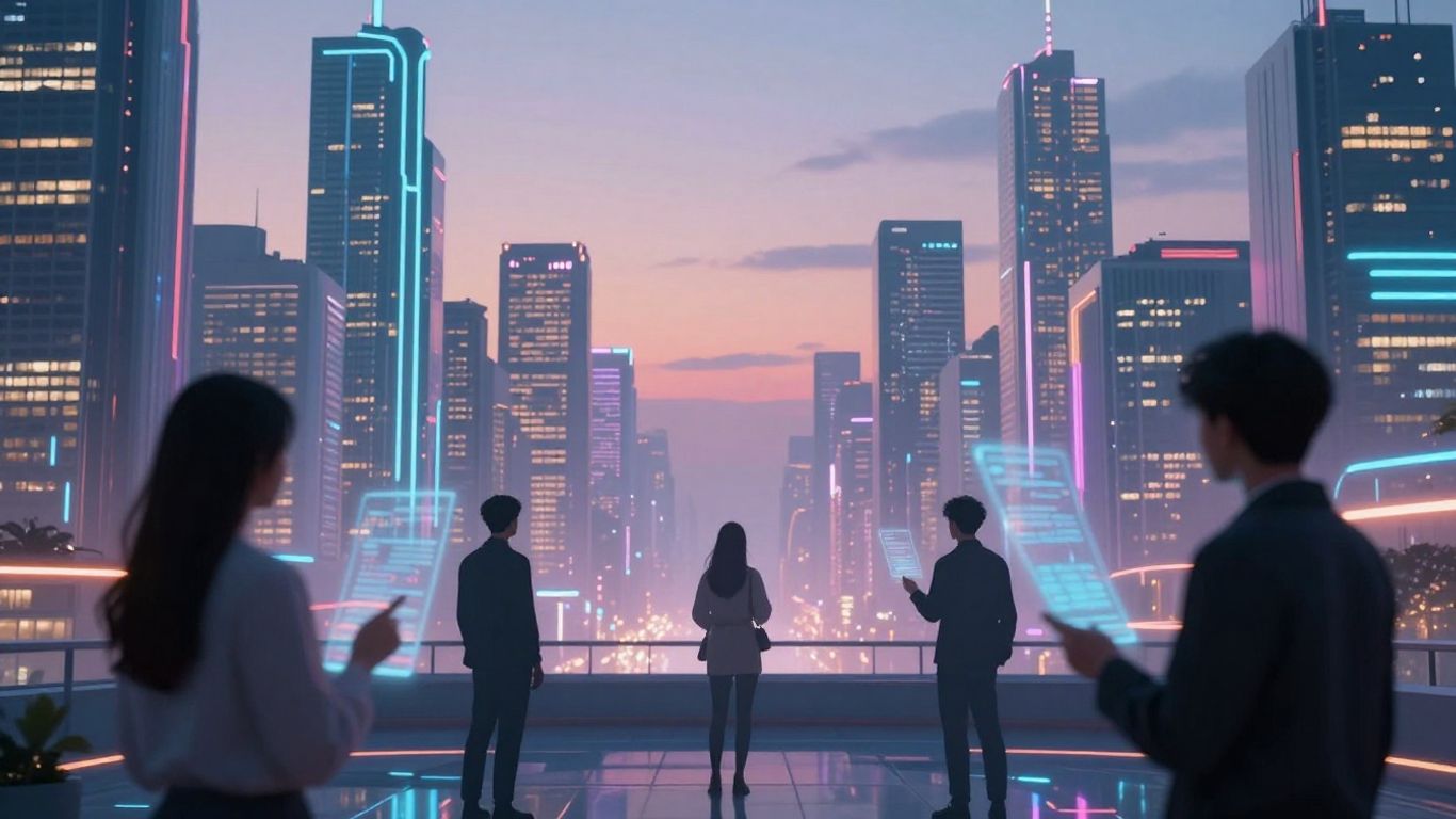 Futuristic cityscape with people interacting with holographic interfaces.