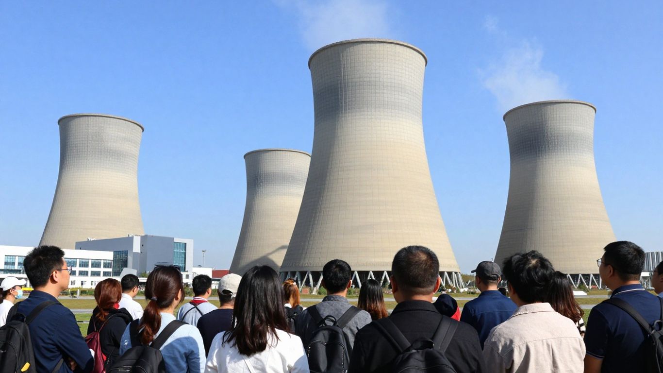 Gens devant une centrale nucléaire EPR