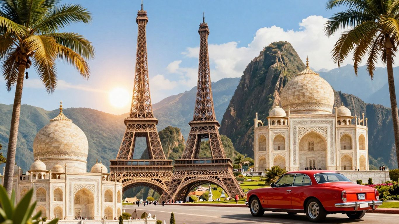 Global landmarks collage with palm trees and blue sky.