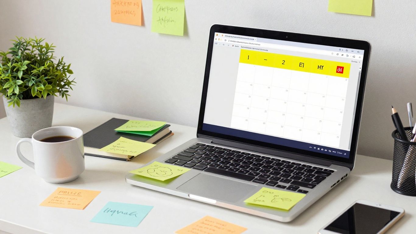 Content calendar on a laptop screen.