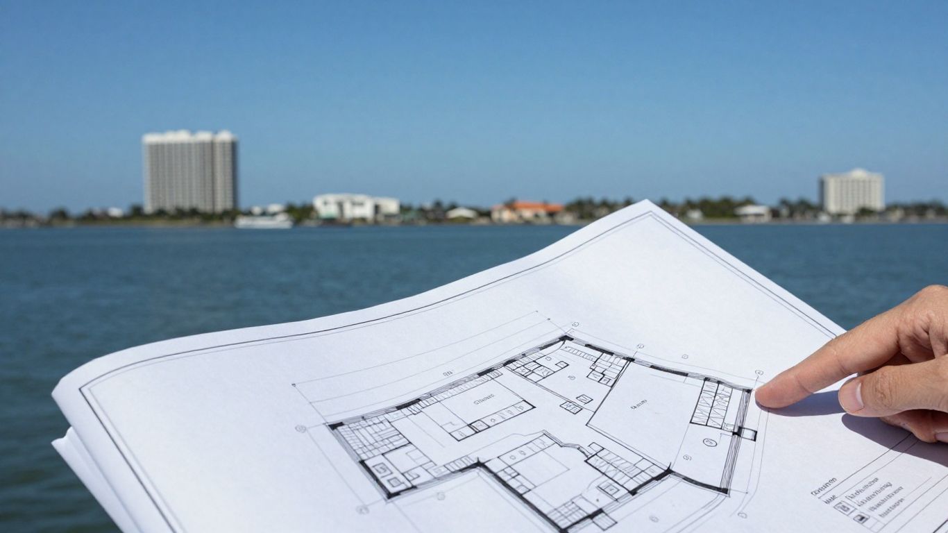 Florida land zoning blueprint with a hand pointing.