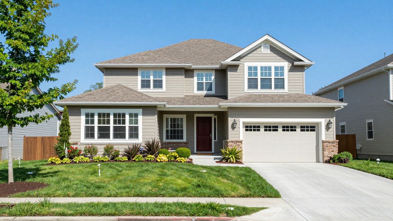 A clean suburban home street view with clear blue skies