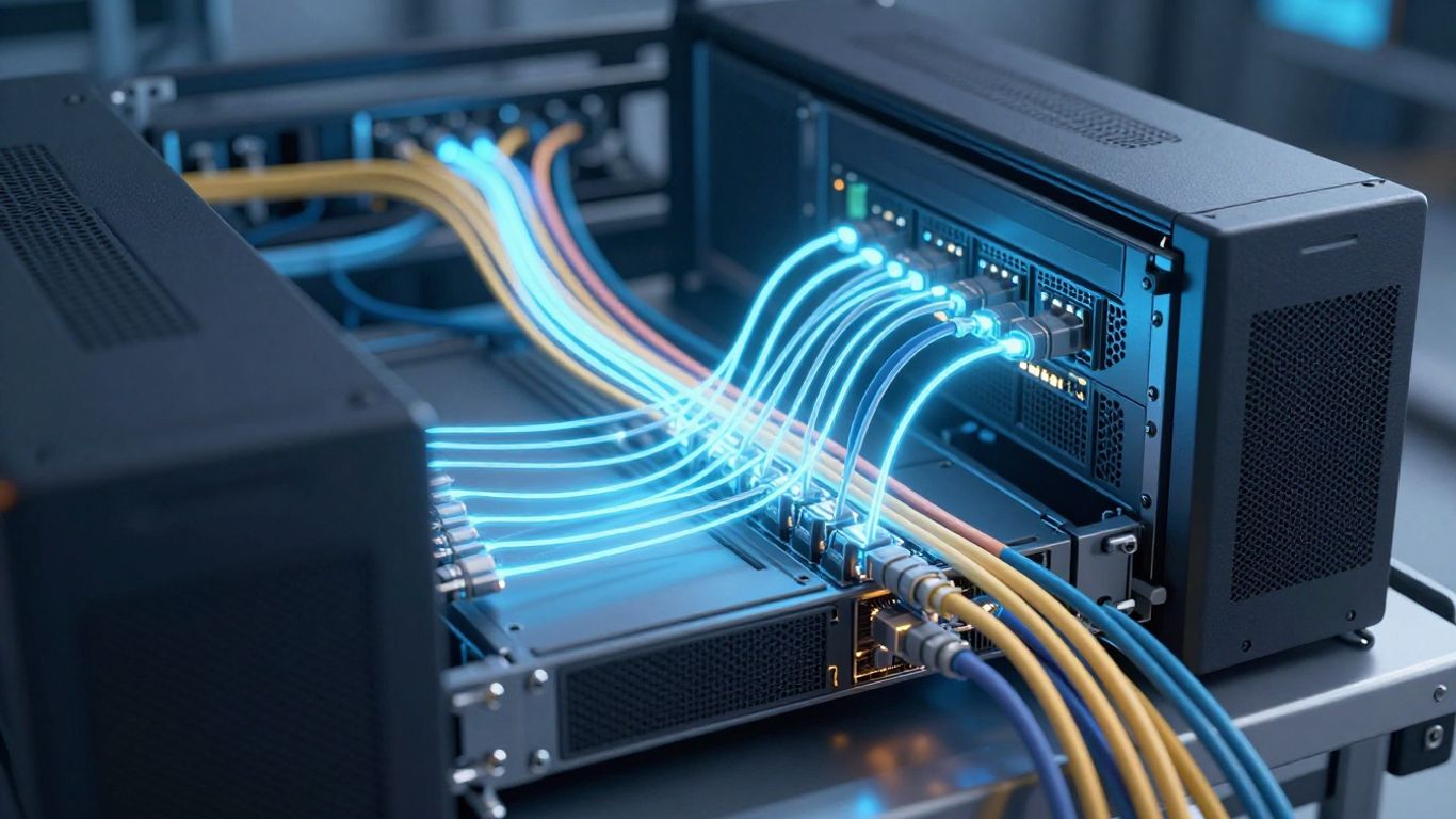 Servidores interconectados con cables y luces de datos.