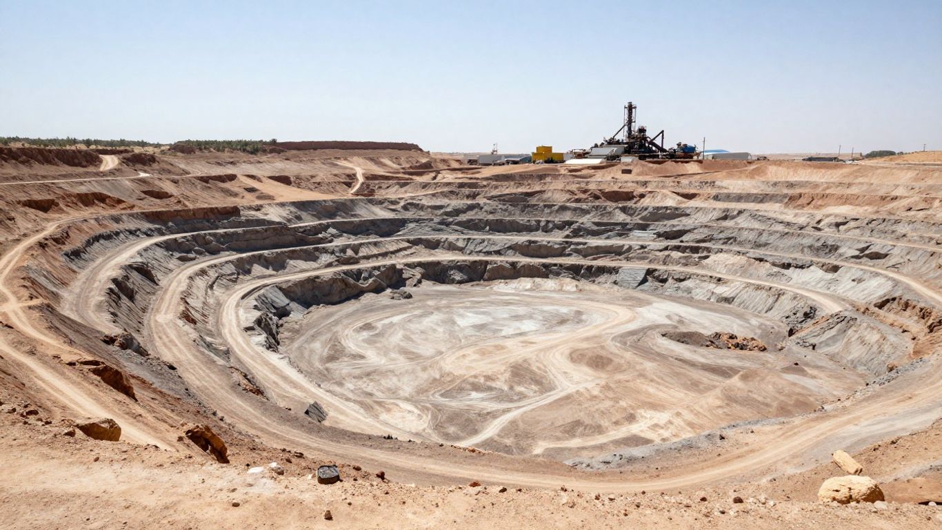 Desert mine with industrial equipment and processing plant.