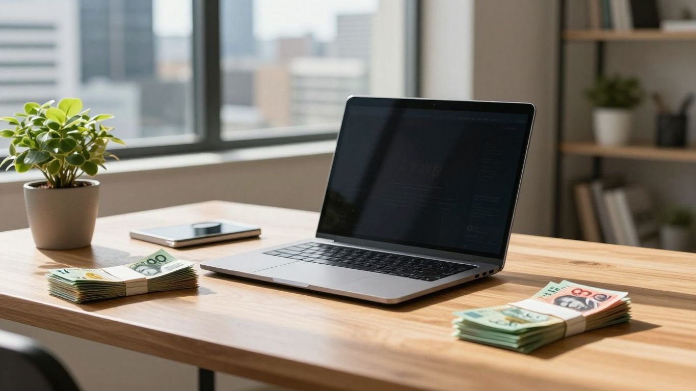 Australian home office with money and cityscape.