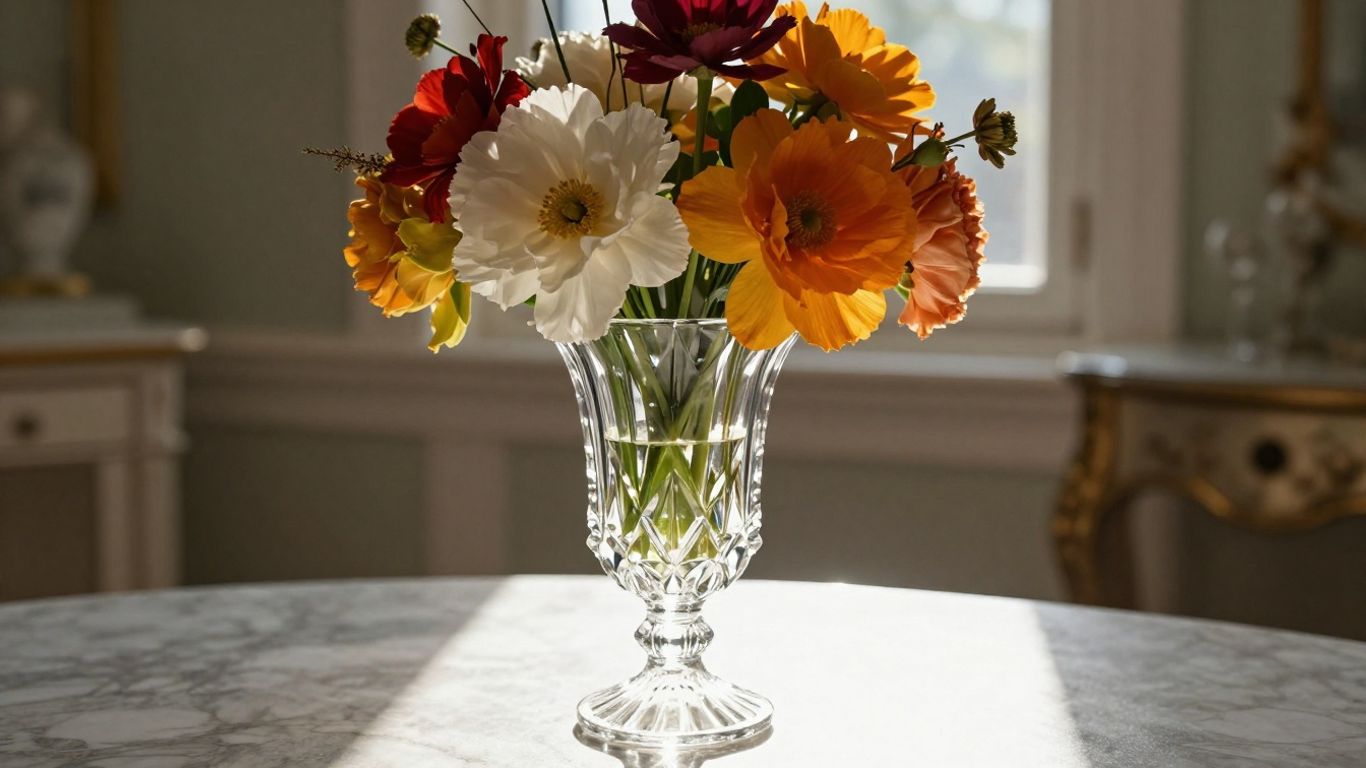 Elegant crystal vase with flowers and sunlight.