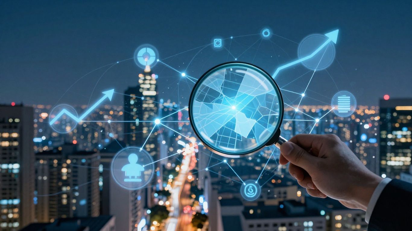 Businesses connecting in a digital cityscape with a magnifying glass.