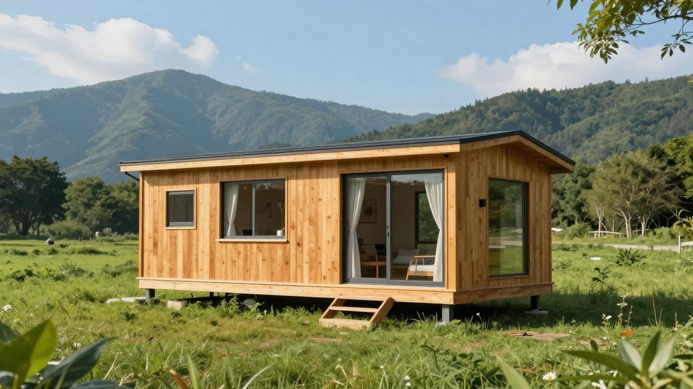 Tiny home in a green field with mountains