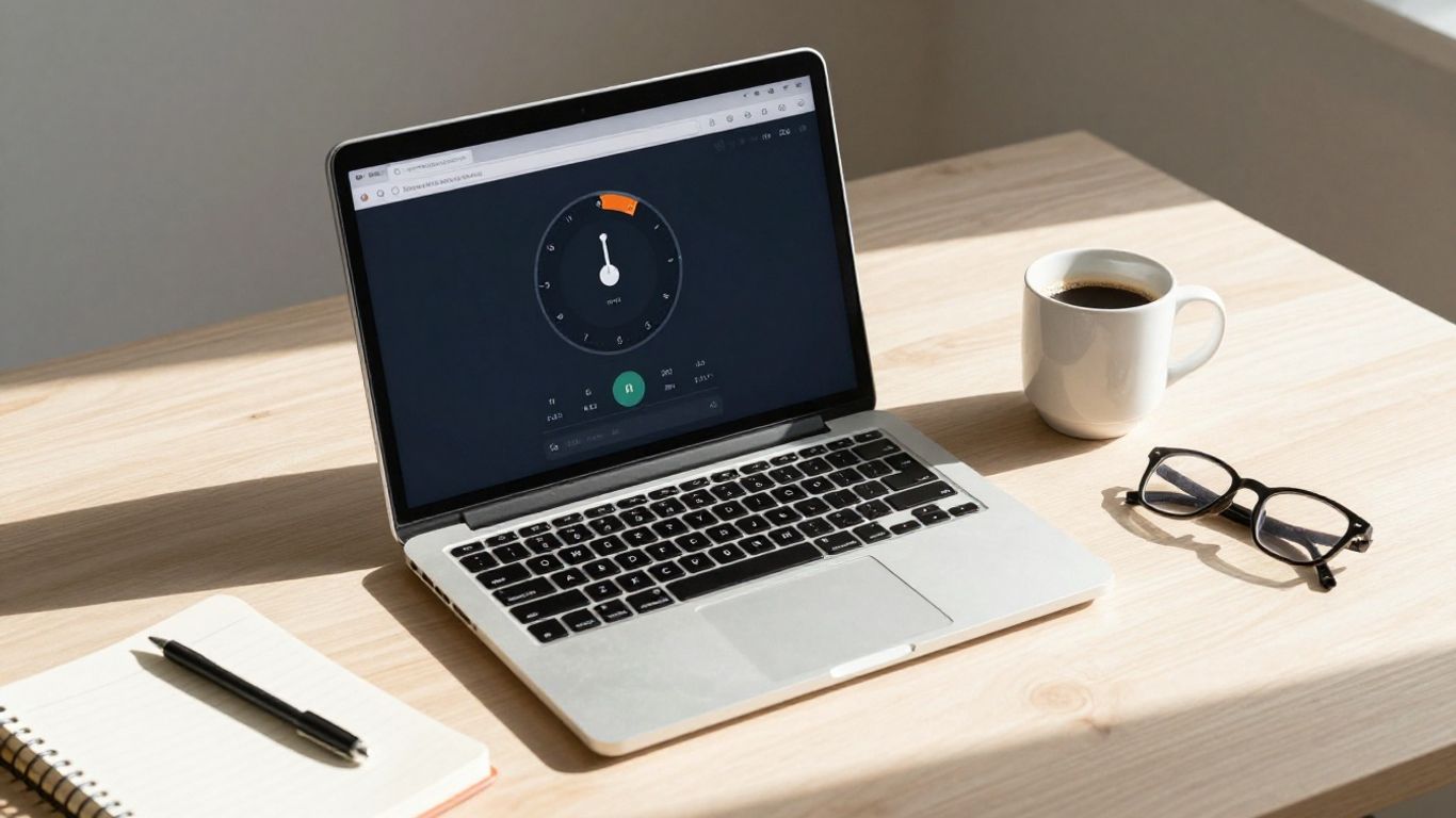 Desk with Pomodoro timer, notebook, and coffee.