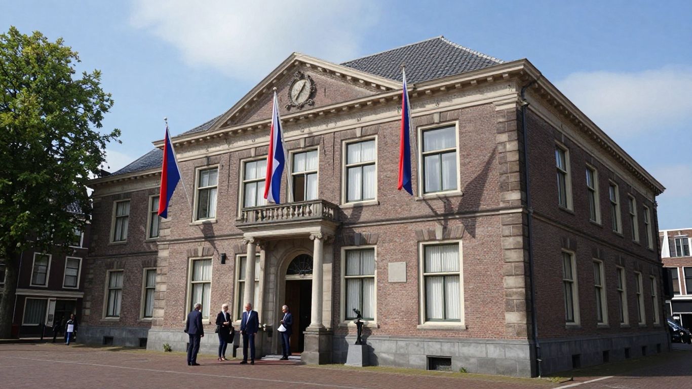 Provinciehuis met vlaggen en ambtenaren