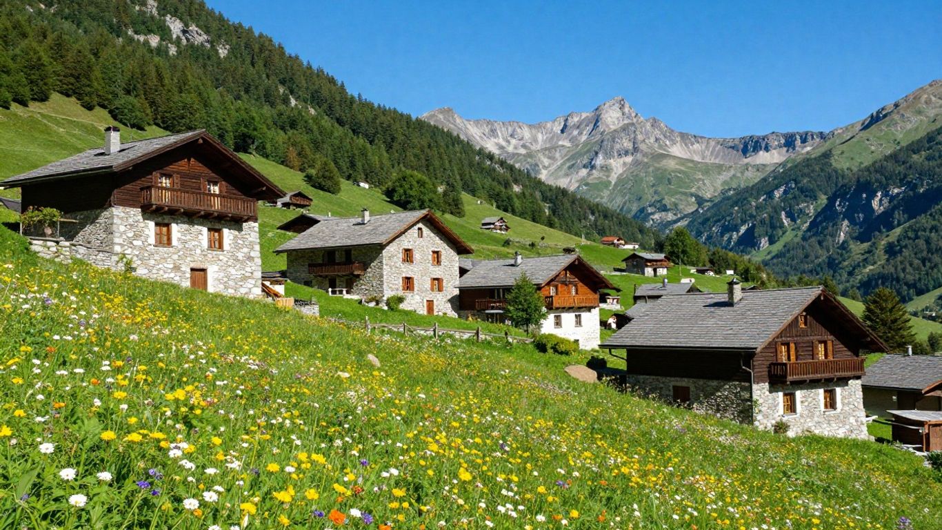 Alpine village with stone houses and green mountains.