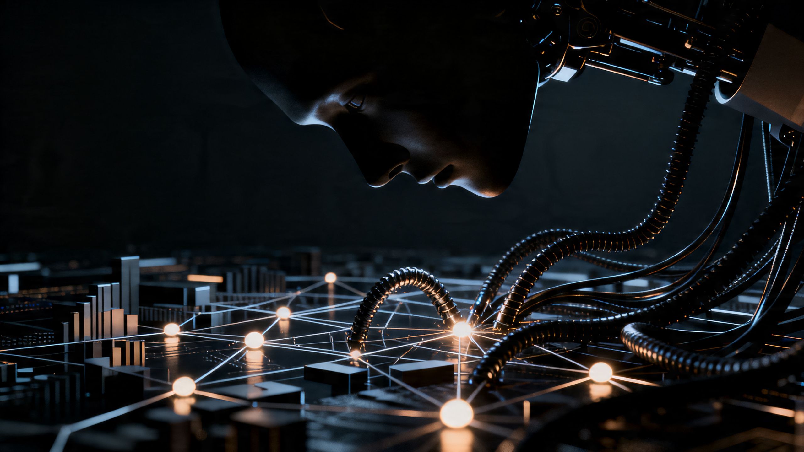 AI threatening global financial network with digital tendrils.