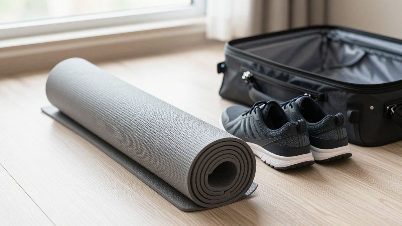 Yoga mat and exercise shoes in a travel bag