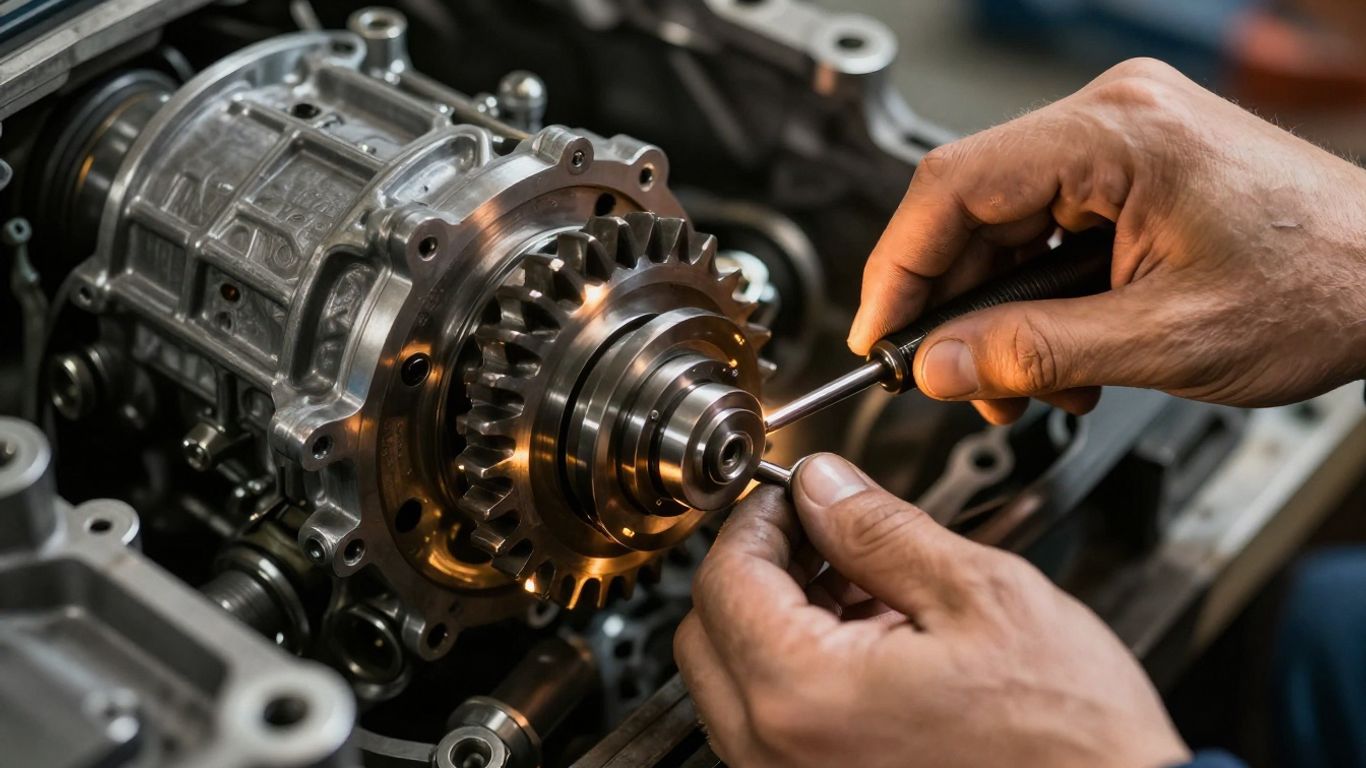 Mechanic working on car transmission