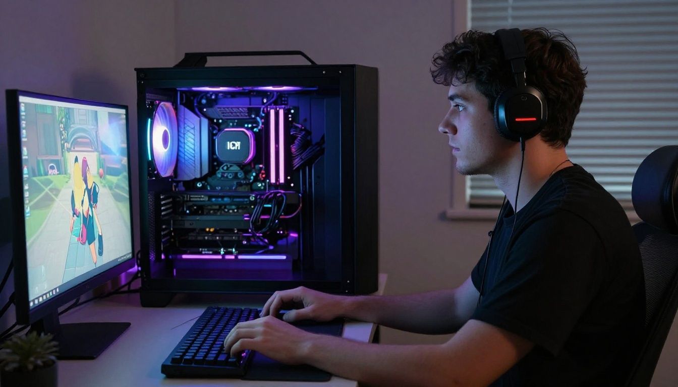 Um jogador entusiasmado em frente a um setup gamer de PC de alta performance com luzes neon e periféricos modernos, focado em uma tela brilhante