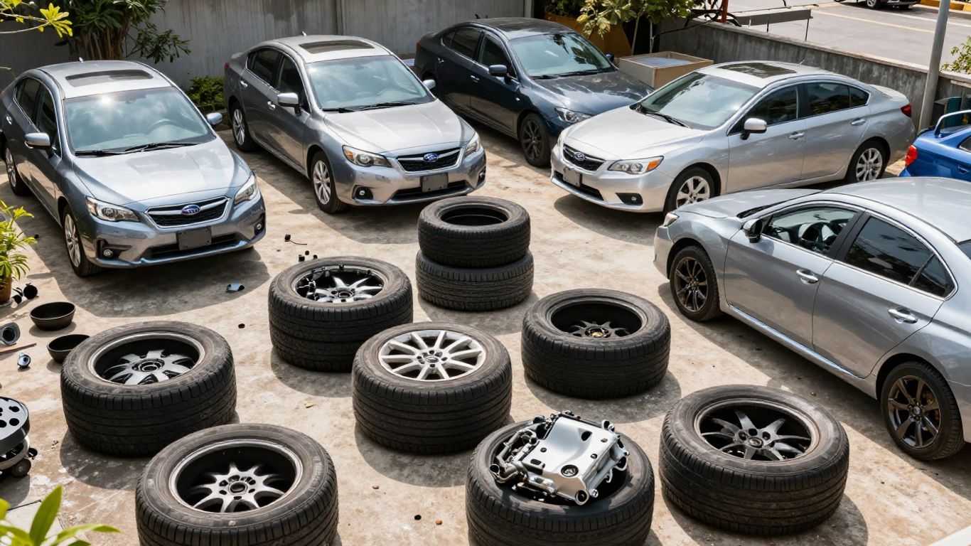 Subaru car parts in a recycling yard