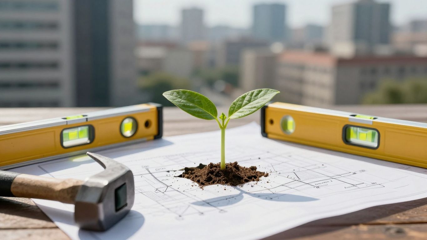 Contractor tools and a growing sprout on a blueprint.