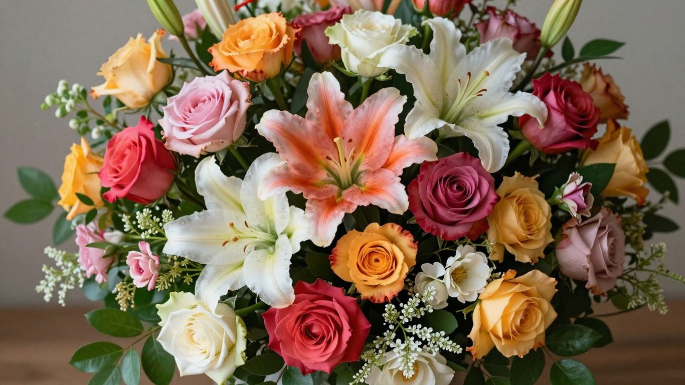 Colorful handcrafted bouquet with roses and lilies.